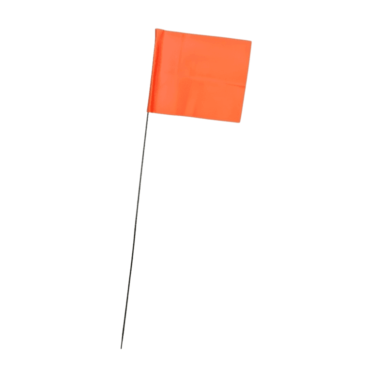 Orange survey pin flag on a wire staff